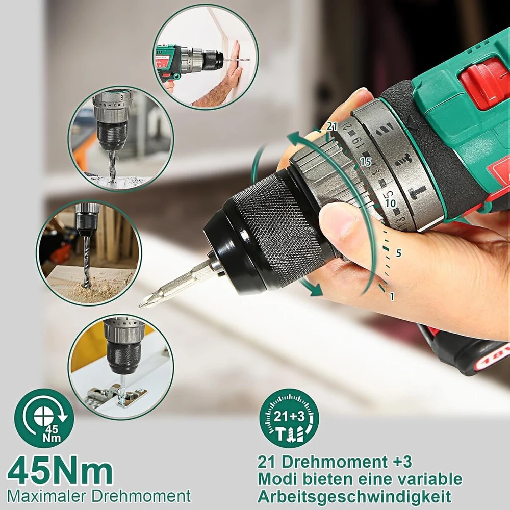 Hychika 18 V akumuliatorinis suktuvo rinkinys, akumuliatorinis gręžtuvas su 2.0 Ah akumuliatoriumi, perforatorius maks. 45 Nm, 2 greičiai, 21 + 3 sukimo momentai, akumuliatorinis gręžtuvas su priedais