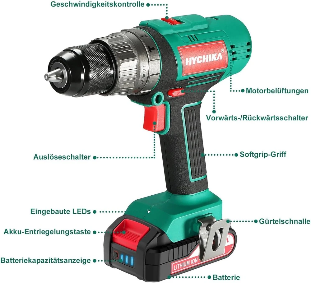 Hychika 18 V akumuliatorinis suktuvo rinkinys, akumuliatorinis gręžtuvas su 2.0 Ah akumuliatoriumi, perforatorius maks. 45 Nm, 2 greičiai, 21 + 3 sukimo momentai, akumuliatorinis gręžtuvas su priedais