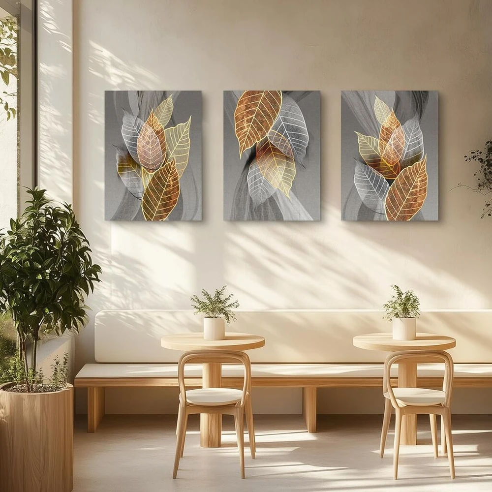 Plakatas Hyidecorart paveikslas, lapai, natūralūs auksiniai augalai, lapų sienos paveikslas, modernus drobės paveikslas svetainei, miegamajam, virtuvei, valgomajam ir biurui (50 cm x 70 cm x 3 dalys)