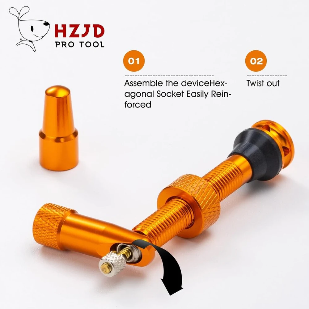 Hzjd 2 vnt. presta ventilių komplektas be kameros, oranžiniai, ventilio stiebas be kameros, integruotas šerdies išėmimo įrankis (44 mm)