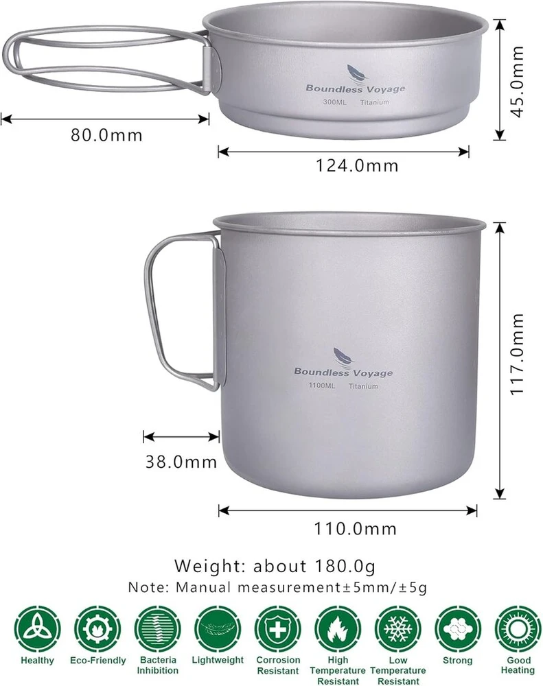 Ibasingo Ti2053c titano puodelio ir keptuvės rinkinys 1100 ml ir 300 ml stovyklavimo indai lauko lengvas mažas puodo lėkštės rinkinys iškylų žygių dubuo su sulankstomomis rankenomis kuprinės maisto gaminimo rinkinys 1 asmeniui