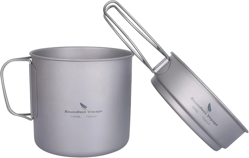 Ibasingo Ti2053c titano puodelio ir keptuvės rinkinys 1100 ml ir 300 ml stovyklavimo indai lauko lengvas mažas puodo lėkštės rinkinys iškylų žygių dubuo su sulankstomomis rankenomis kuprinės maisto gaminimo rinkinys 1 asmeniui