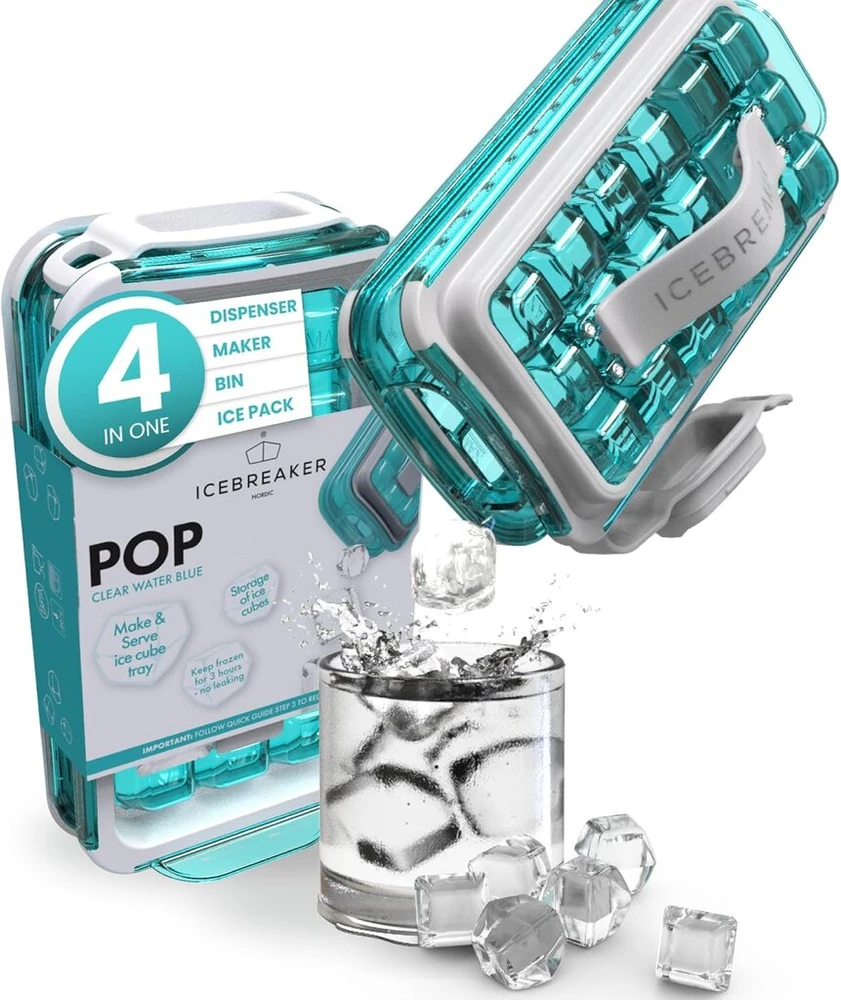 Icebreaker Pop 2.0 ledo kubelių padėklas – gaminkite ir patiekite ledą neliesdami jo – higieniška ledo talpykla šaldikliui – silikoninė talpykla su dangteliu – ledo kubelių gaminimo aparatas su 18 ledo kubelių
