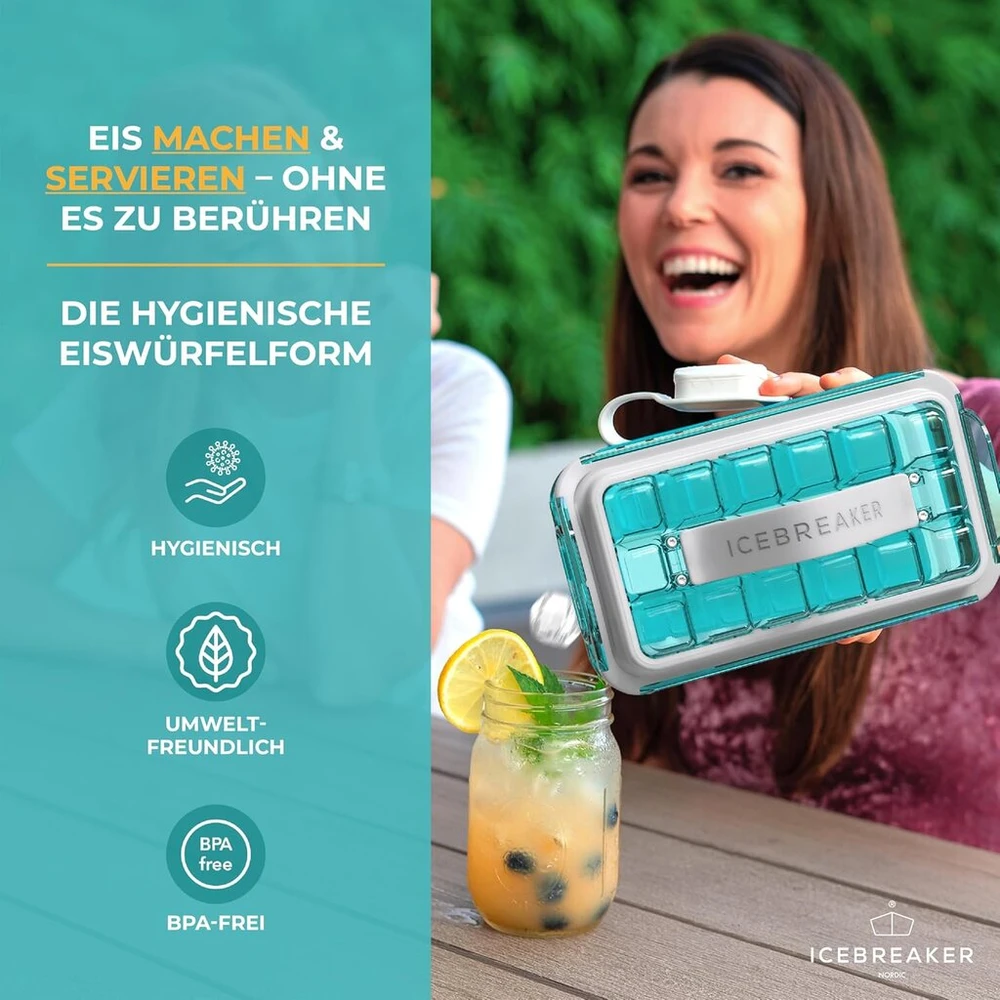 Icebreaker Pop 2.0 ledo kubelių padėklas – gaminkite ir patiekite ledą neliesdami jo – higieniška ledo talpykla šaldikliui – silikoninė talpykla su dangteliu – ledo kubelių gaminimo aparatas su 18 ledo kubelių