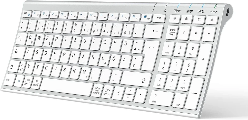 Iclever bluetooth klaviatūra, bk10 belaidė klaviatūra su 3 bluetooth kanalais, itin plona įkraunama qwertz vokiška belaidė klaviatūra, belaidė mac klaviatūra, skirta ios, android, windows, balta