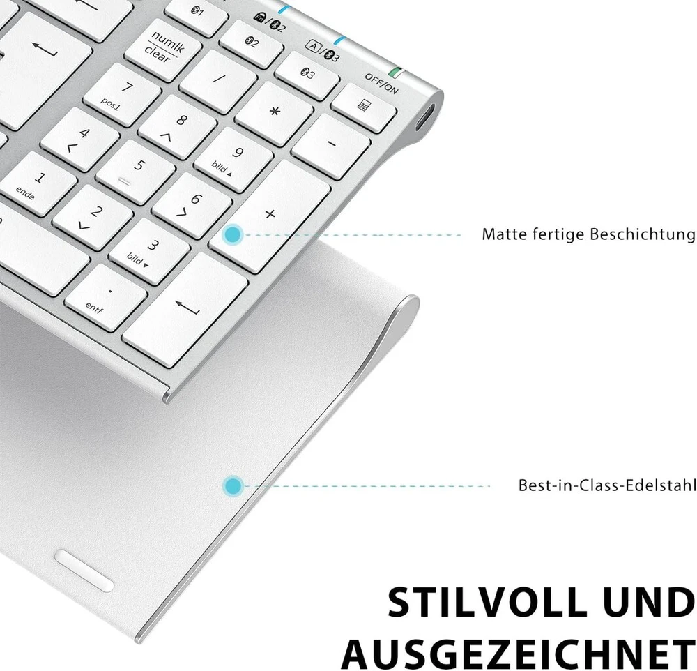 Iclever bluetooth klaviatūra, bk10 belaidė klaviatūra su 3 bluetooth kanalais, itin plona įkraunama qwertz vokiška belaidė klaviatūra, belaidė mac klaviatūra, skirta ios, android, windows, balta
