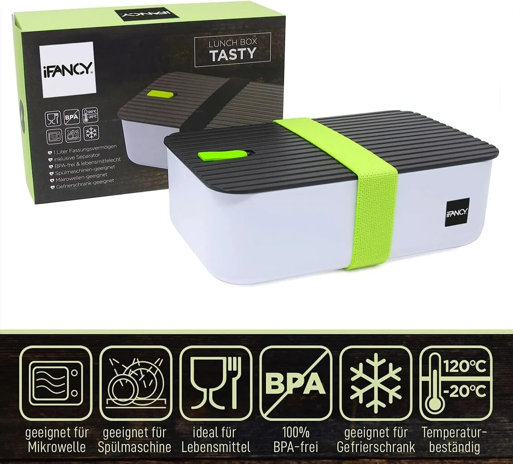 Ifancy tasty priešpiečių dėžutė, bento priešpiečių dėžutė, 1000 ml, sandari ir nepralaidi vaikams ir suaugusiems, biurui ir mokyklai, be bpa, priešpiečių dėžutė tinkama plauti indaplovėje, naudoti mikrobangų krosnelėje ir šaldiklyje, žalia