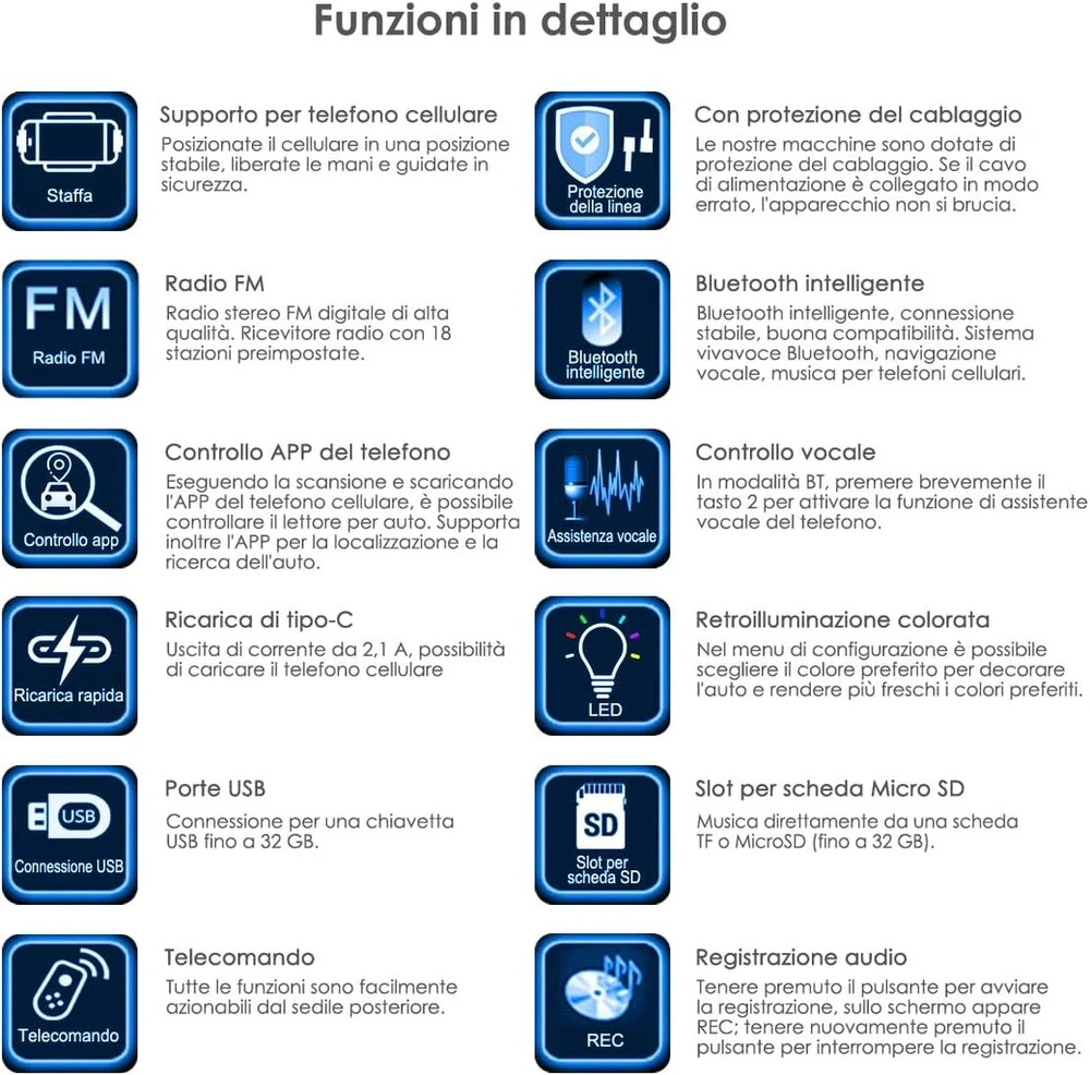 Automagnetola Ifrego Automobilinis radijas su Bluetooth, Automobilinis radijas Bluetooth Radijas automobiliui 1 Din su laisvų rankų įranga 7 spalvų Sd/tf/mp3/aux įvestis, Fm/am greito įkrovimo funkcija ir funkcija, 60 W x 4 Mobiliojo telefono laikiklis automobiliui