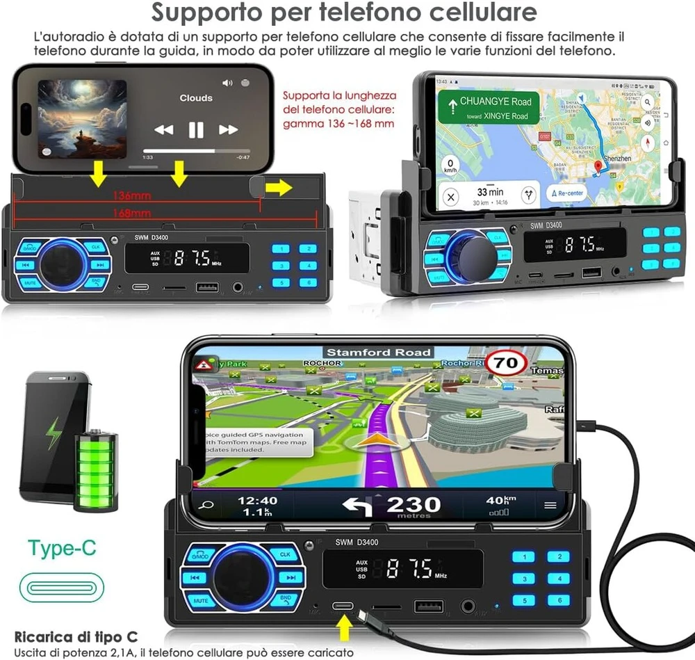 Automagnetola Ifrego Automobilinis radijas su Bluetooth, Automobilinis radijas Bluetooth Radijas automobiliui 1 Din su laisvų rankų įranga 7 spalvų Sd/tf/mp3/aux įvestis, Fm/am greito įkrovimo funkcija ir funkcija, 60 W x 4 Mobiliojo telefono laikiklis automobiliui