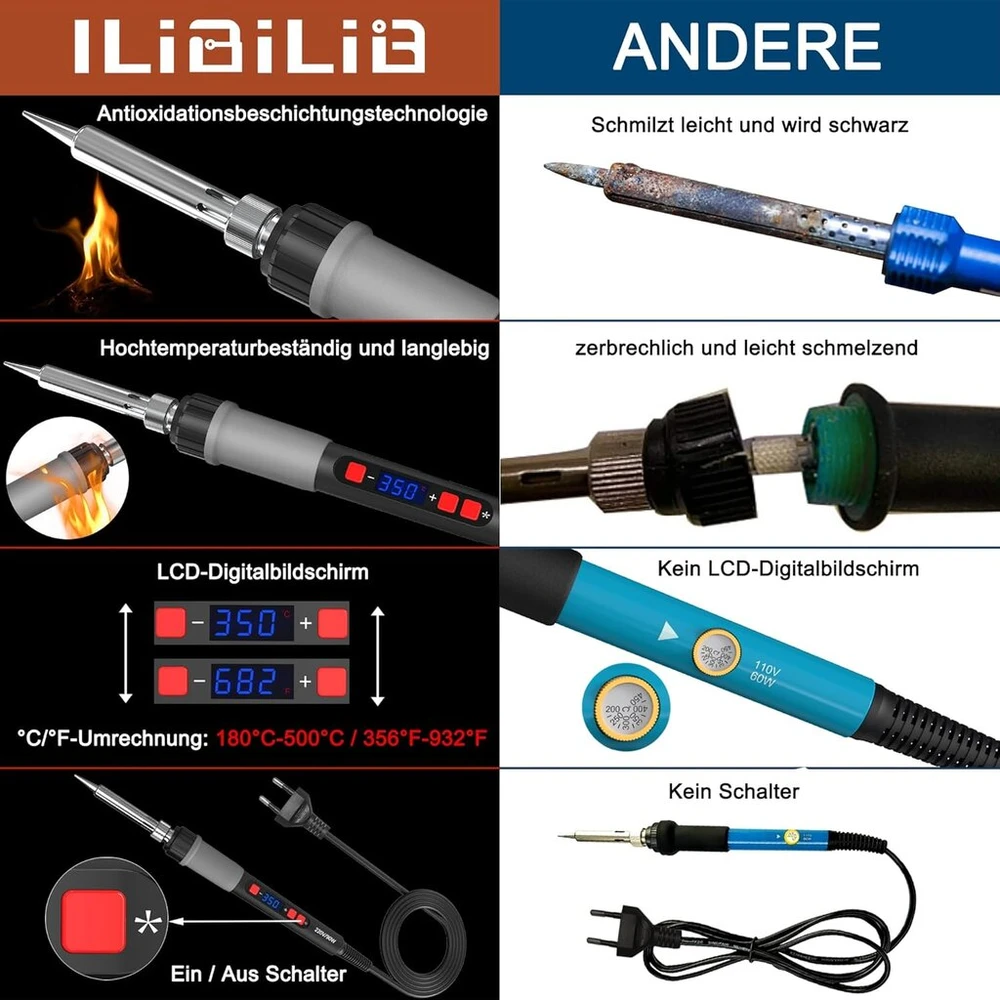 Ilibilib litavimo įrankių rinkinys, 90w lcd skaitmeninis lituoklis, 10-in-1 lituoklio temperatūra reguliuojama 180-500°c su įjungimo/išjungimo jungikliu metalui, juvelyrikai, elektrai, pasidaryk pats, nešiojamas