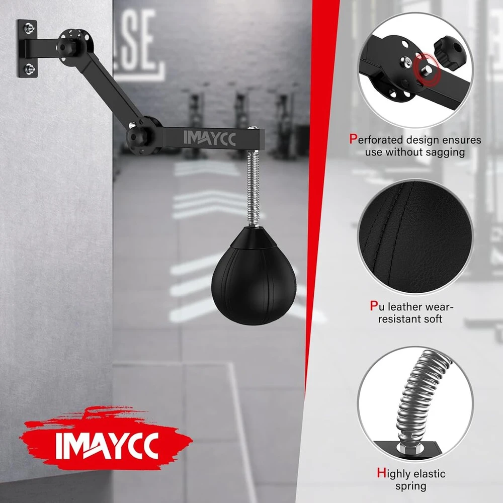 Imaycc naujas greitasis bokso kriaušė, bokso maišas, tvirtinamas prie sienos, reguliuojamo aukščio ir sulankstomas bokso kamuolys, bokso kriaušė, pakabinamas vaikams, paaugliams ir suaugusiems, skirtas namų sporto salei, treniruotėms ir kt. (juodas)