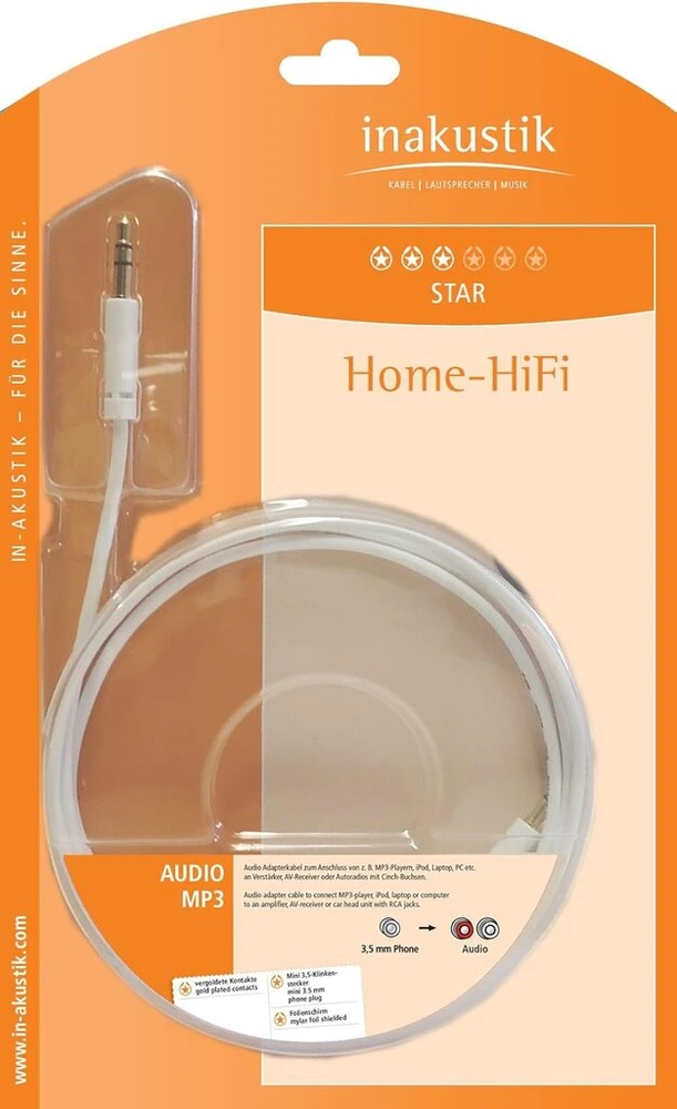 In-akustik Star Mp3 audio kabelis 3.5 mm lizdas į 2 x Rca 0.5 m baltas