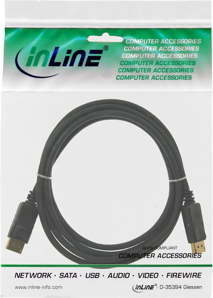 Inline® 17133p Displayport kabelis, 0.3 m, juodas, paauksuoti kontaktai