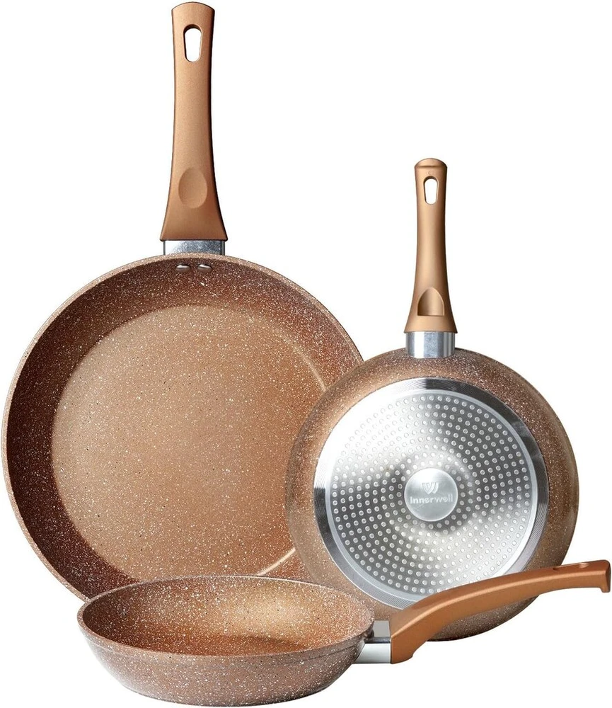 Innerwell nelipnių granito keptuvių rinkinys iš 3 dalių 20 + 24 + 28 cm indukcinės keptuvės su profesionalia nelipnia danga be pfoa, tinkamos naudoti orkaitėje, galima plauti indaplovėje, aukso spalvos