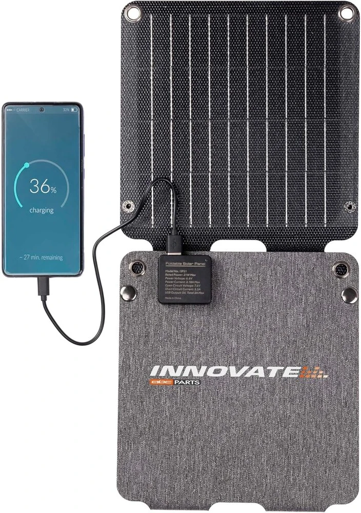 Innovate nešiojamas saulės įkroviklis 21w 5v 3amp max su usb type c-a jungtimi, sulankstomas ir atsparus vandeniui saulės kolektorius, puikiai tinkantis stovyklavimui, žygiams, kelionėms pėsčiomis, paplūdimiui, kalnams...