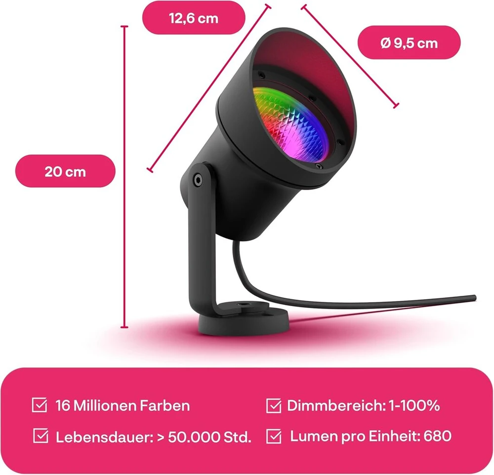 Innr Išmanus sodo prožektorius Xl, Zigbee, veikia su Hue* ir Alexa (reikalingas tiltelis), baltas ir spalvotas, Led prožektorius, lauko prožektorius, Ip67 atsparus vandeniui, pilnas komplektas (2 vnt.)