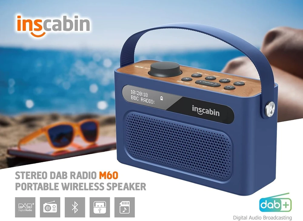 Kompiuterio kolonėlės Inscabin M60 nešiojamas Dab/dab + Fm skaitmeninis radijas/nešiojama belaidė kolonėlė su bluetooth/stereo garsas/dvigubas garsiakalbis/dvigubas žadintuvas/baterija/gražus dizainas (mėlyna)