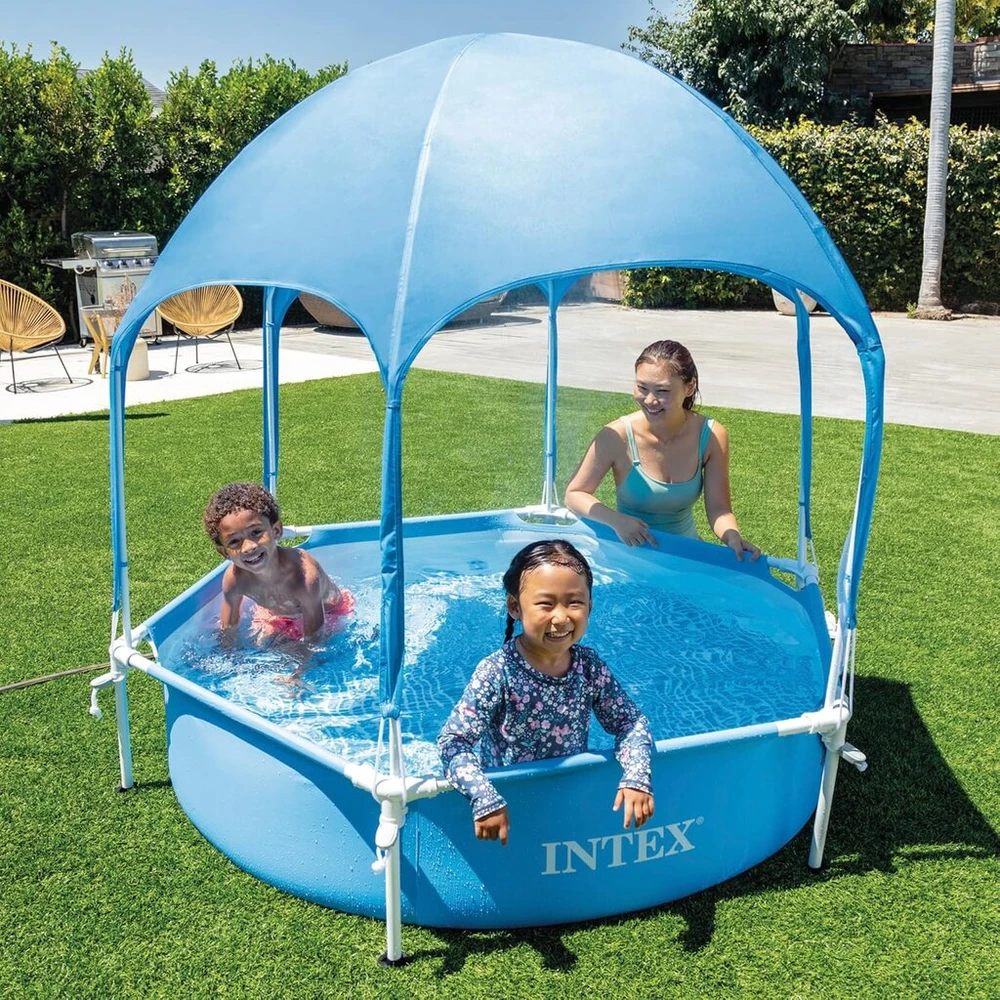 Intex 28209np apvalus antžeminis baseinas su metaliniu rėmu, nuimama apsauga nuo saulės ir vandens purkštuvu, 700 l, plienas ir pvc, mėlynas, 183 x 38 cm