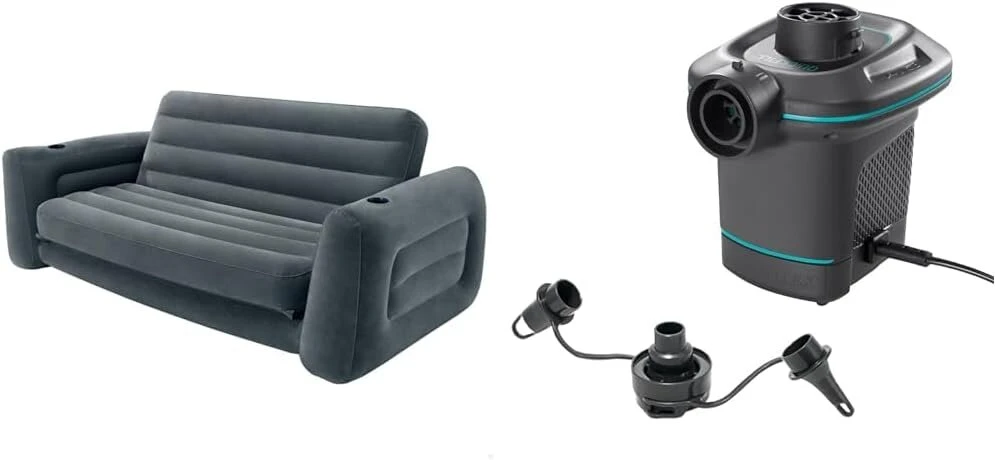 Intex 66552 sofa-lova šviesiai pilka, dydis 203 x 231 x 66 cm ir volt greito pripūtimo ac elektrinis siurblys 68605 juodas