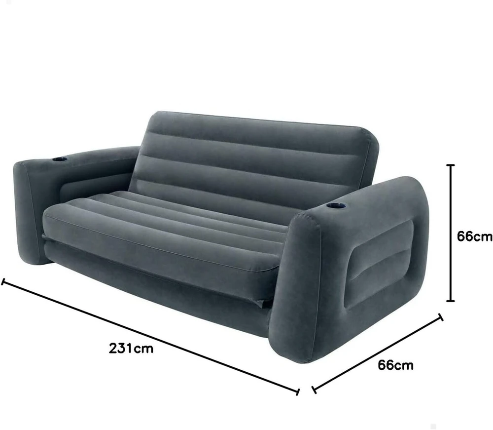 Intex 66552 sofa-lova šviesiai pilka, dydis 203 x 231 x 66 cm ir volt greito pripūtimo ac elektrinis siurblys 68605 juodas