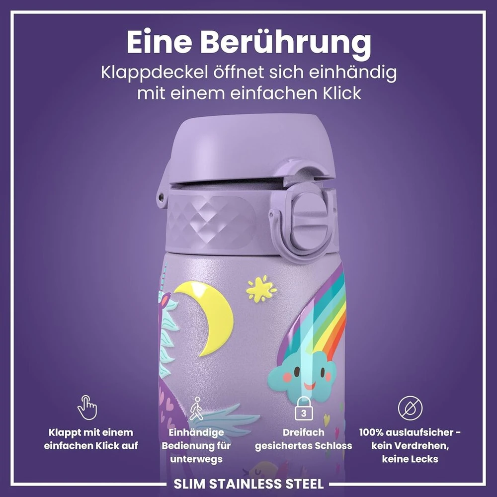 Ion8 lengvas plieno vandens butelis 600 ml, neizoliuotas, nepralaidus, atidaromas viena ranka, saugus užraktas, galima plauti indaplovėje, atlenkiamas dangtelis, nešimo rankena, lengvai valomas, violetinis vienaragis