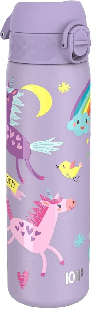 Ion8 lengvas plieno vandens butelis 600 ml, neizoliuotas, nepralaidus, atidaromas viena ranka, saugus užraktas, galima plauti indaplovėje, atlenkiamas dangtelis, nešimo rankena, lengvai valomas, violetinis vienaragis