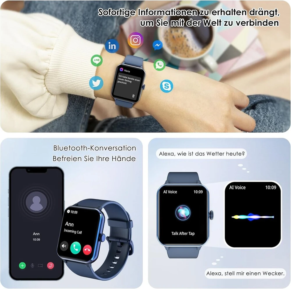 Iowodo išmanusis laikrodis vyrams ir moterims, 1.85 colio fitneso laikrodis su telefono funkcija / pranešimų priminimu, fitneso laikrodis su širdies ritmo monitoriumi, miego monitoriumi, žingsniamačiu, sportinis laikrodis, skirtas Ios/android