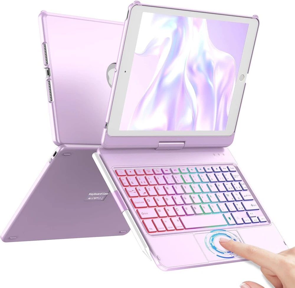 Ipad 9-osios kartos 10.2 colių 2021 dėklas, daugiafunkcis jutiklinis dėklas su apšvietimu, 360 laipsnių pasukimas ir pieštuko laikiklis, apsauginis dėklas su bluetooth apšviesta klaviatūra, skirtas Ipad 10.2