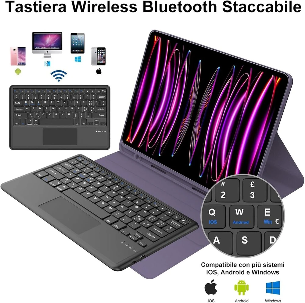 Ipad pro 12.9 klaviatūra su jutikliniu kilimėliu, klaviatūros dėklas, skirtas ipad pro 6/5/4/3 kartai, itališka bluetooth klaviatūra, skirta ipad pro 12.9 colių 2022/2021/2020/2018, violetinė