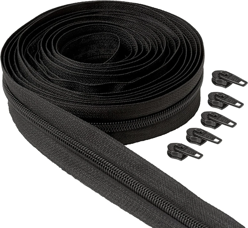 Ipea Endless Zip juodas 5 metrai + 15 metalinių slankiklių - grandinėlės dydis #5 - pagaminta Italijoje - pilnas užtrauktukas su nailoniniu užtrauktuku - gali būti kerpamas pagal metrą - plotis 30 mm