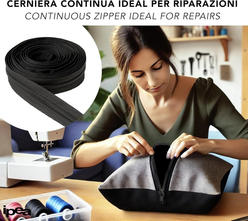 Ipea Endless Zip juodas 5 metrai + 15 metalinių slankiklių - grandinėlės dydis #5 - pagaminta Italijoje - pilnas užtrauktukas su nailoniniu užtrauktuku - gali būti kerpamas pagal metrą - plotis 30 mm