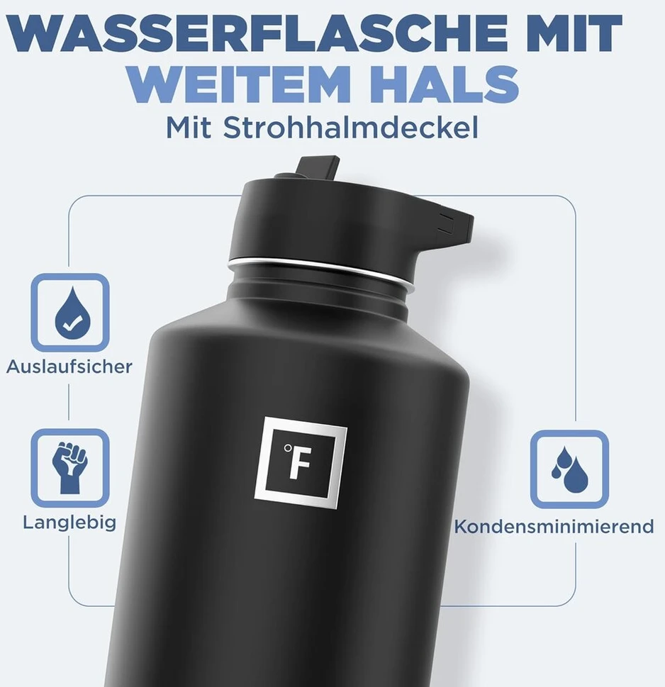 Iron Flask sportinis vandens butelis - 1890 ml, 3 dangteliai (dangtelis su šiaudeliu), nepralaidus, vakuuminiu būdu izoliuotas nerūdijantis plienas, dvigubų sienelių, termo puodelis, metalinė gertuvė
