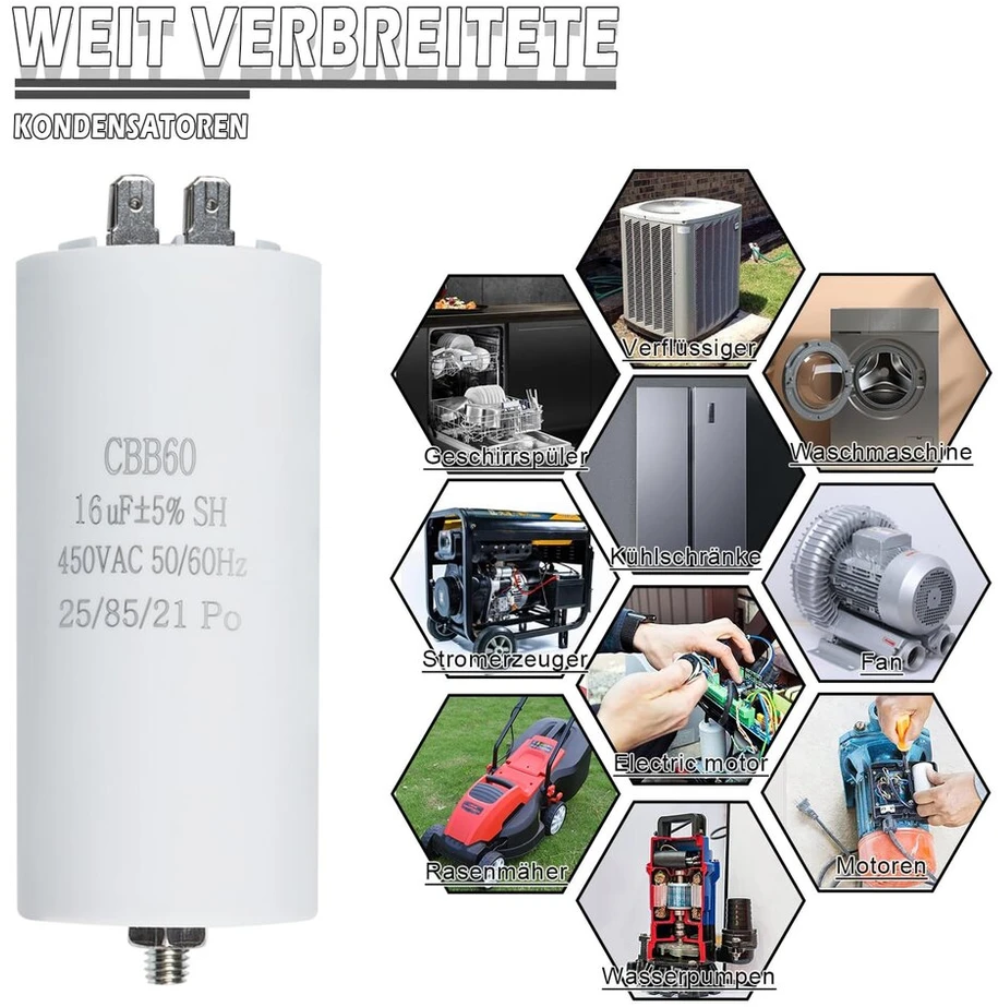 Iruihoo Cbb60 variklio kondensatorius 16µf, 450v kondensatorius 50/60hz paleidimo kondensatorius 16uf variklio darbinis kondensatorius kištukas M8 elektriniam varikliui