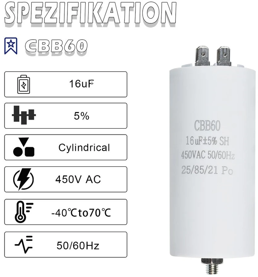 Iruihoo Cbb60 variklio kondensatorius 16µf, 450v kondensatorius 50/60hz paleidimo kondensatorius 16uf variklio darbinis kondensatorius kištukas M8 elektriniam varikliui