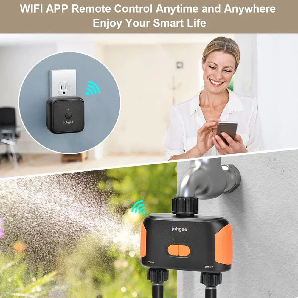 Išmanusis drėkinimo kompiuteris Wifi 2 išėjimai, sodo laistymo laikmatis su Wi-fi stebule, 2 išėjimų Bluetooth žarnos laikmatis su lietaus atidėjimu, belaidis laistymo laikmatis sodui/vejai