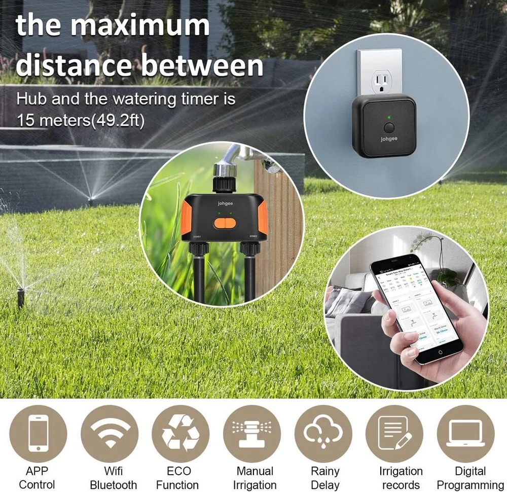 Išmanusis drėkinimo kompiuteris Wifi 2 išėjimai, sodo laistymo laikmatis su Wi-fi stebule, 2 išėjimų Bluetooth žarnos laikmatis su lietaus atidėjimu, belaidis laistymo laikmatis sodui/vejai