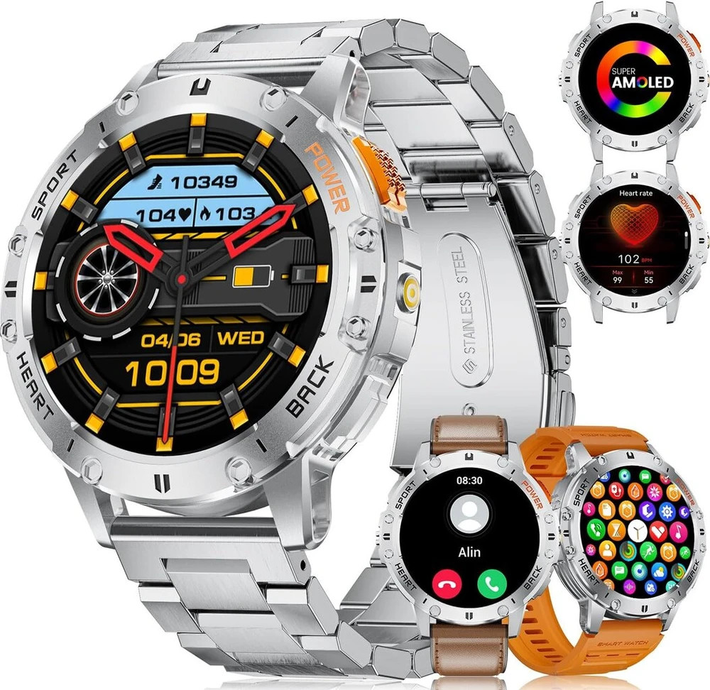 Išmanusis laikrodis Lige Išmanusis karinis laikrodis vyrams su Led žibintuvėliu 530 Mah, 1.43 colio Amoled sportinis laikrodis, skirtas Android Ios, Ip68 atsparus vandeniui fitneso laikrodis su 120+ sporto režimų, širdies ritmo, Spo2 miego monitoriumi, 3 apyrankės