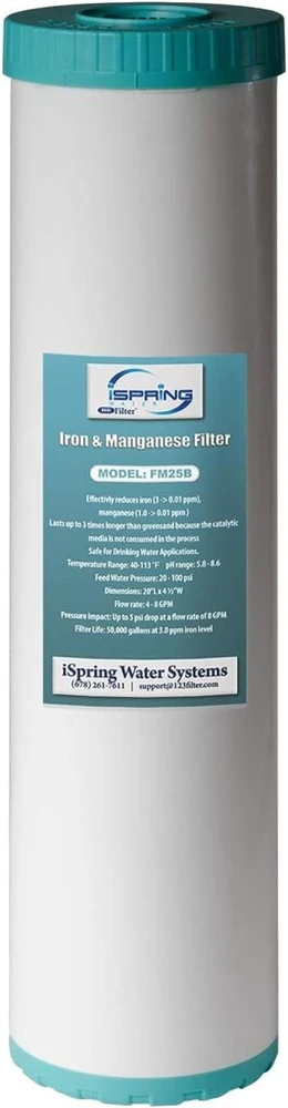 Ispring viso namo vandens filtro kasetė, geležies ir mangano kiekį mažinantis vandens filtras visam namui, 4.5" x 20", modelis: Fm25b