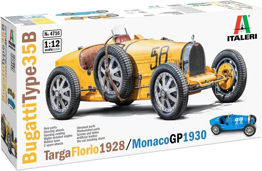 Italeri 4716 1:12 Bugatti Type 35b T.f1929/mon.1930 modeliavimo rinkinys, statinis modelis, amatai, hobis, klijavimas, plastikinis rinkinys, detalus nedažytas