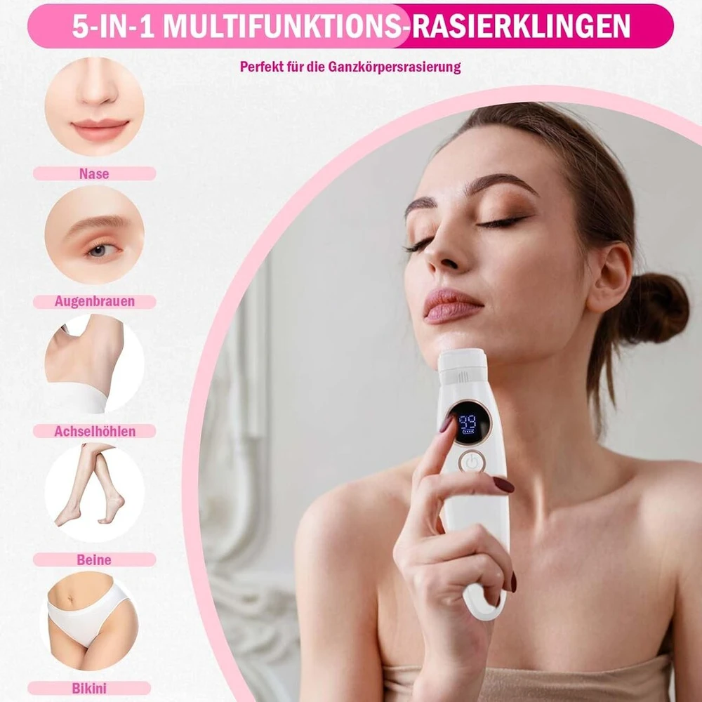 Itoncs moteriškas skustuvas, 5-in-1 elektrinis skustuvas moterims, ipx7 vandeniui atsparus moteriškas skustuvas, neskausmingas šlapias sausas skustuvas bikini zonai, pažastims, kojoms, antakiams ir nosiai, įkraunamas per usb