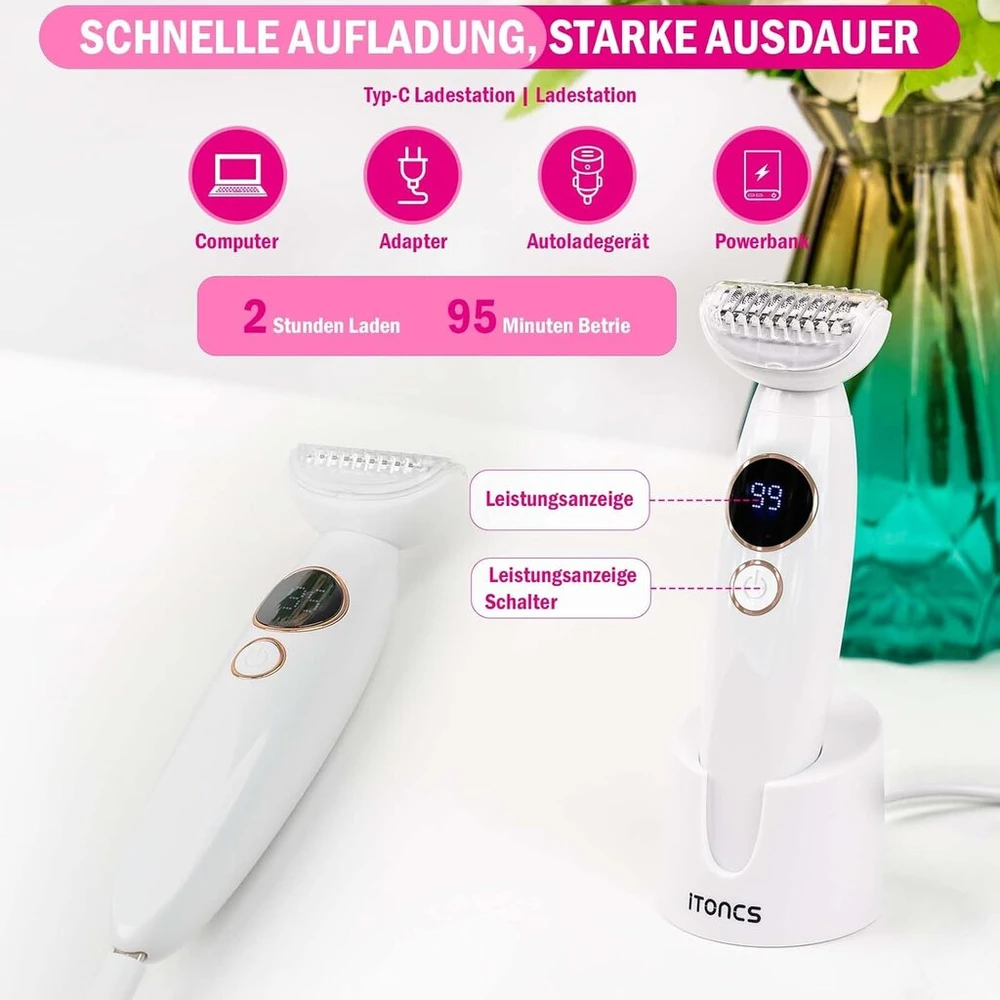 Itoncs moteriškas skustuvas, 5-in-1 elektrinis skustuvas moterims, ipx7 vandeniui atsparus moteriškas skustuvas, neskausmingas šlapias sausas skustuvas bikini zonai, pažastims, kojoms, antakiams ir nosiai, įkraunamas per usb