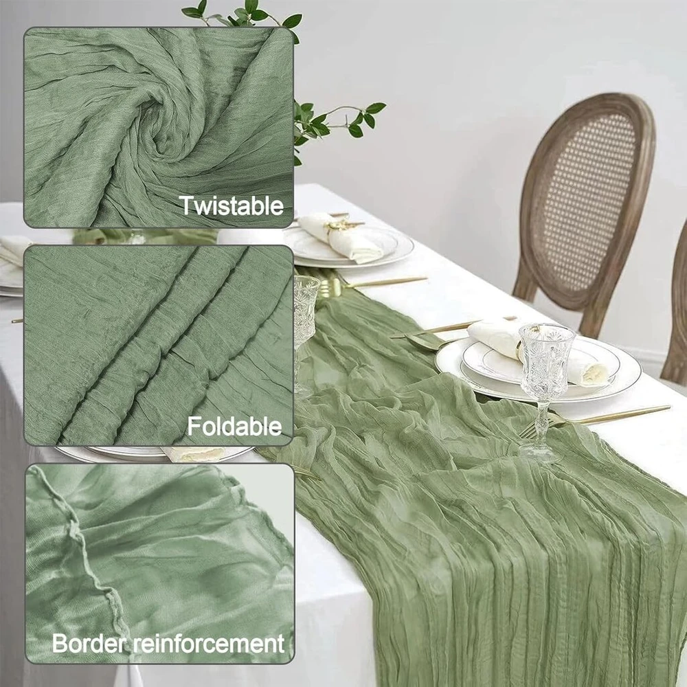 Iulonee madingas boho stiliaus marlės sūrio audinio 4 dalių rinkinys, šalavijų žalios spalvos stalo takelis, šifono stalo takelis vestuvėms, šalavijų žalios spalvos audinio tiulio stalo dekoracija, stalo sūrio audinio marlės staltiesė gimtadieniams