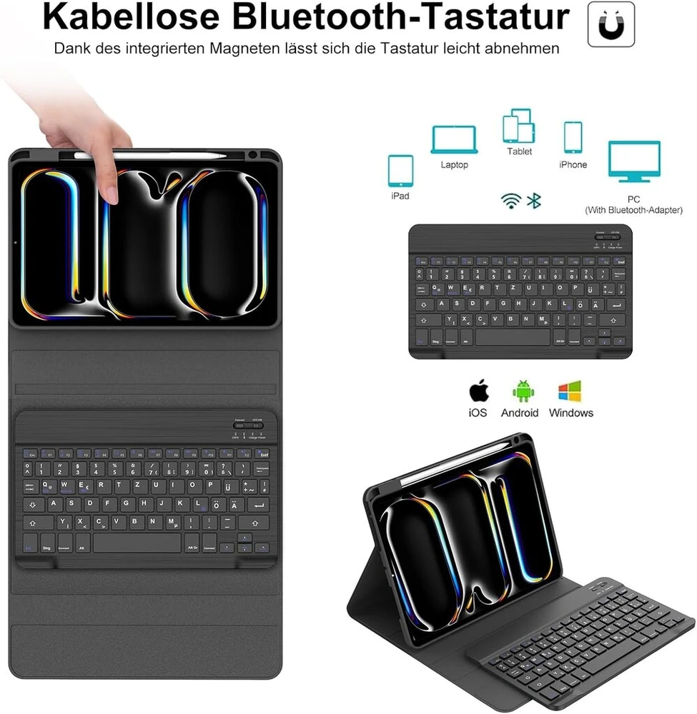 Iveoppe klaviatūra, skirta ipad pro 11 colių 2024 (m4), dėklas su klaviatūra, skirtas ipad pro 5-os kartos, magnetinė nuimama bluetooth qwertz dėklo klaviatūra, skirta ipad pro 11 colių 2024, juoda