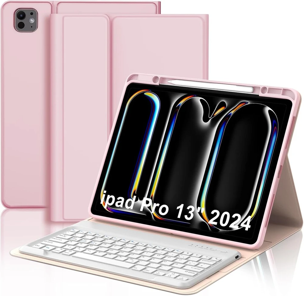 Iveoppe klaviatūra, skirta ipad pro 13 colių 2024 (m4), dėklas su klaviatūra, skirtas ipad pro 7-os kartos, magnetinė 7 spalvų apšvietimo bluetooth qwertz klaviatūra, skirta ipad pro 7 gen(m4) 13 colių 2024, rožinė