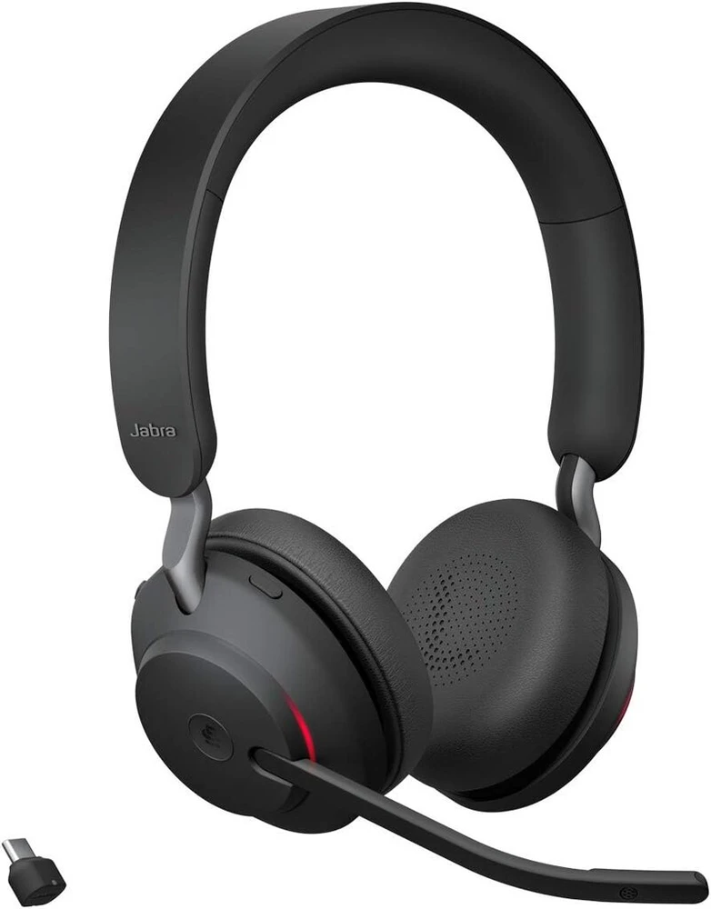 Jabra Evolve2 65 belaidės kompiuterio ausinės su mikrofonu, triukšmo slopinimas, microsoft teams sertifikuotos stereo ausinės su ilgai veikiančia baterija, usb-c bluetooth adapteris, juodos