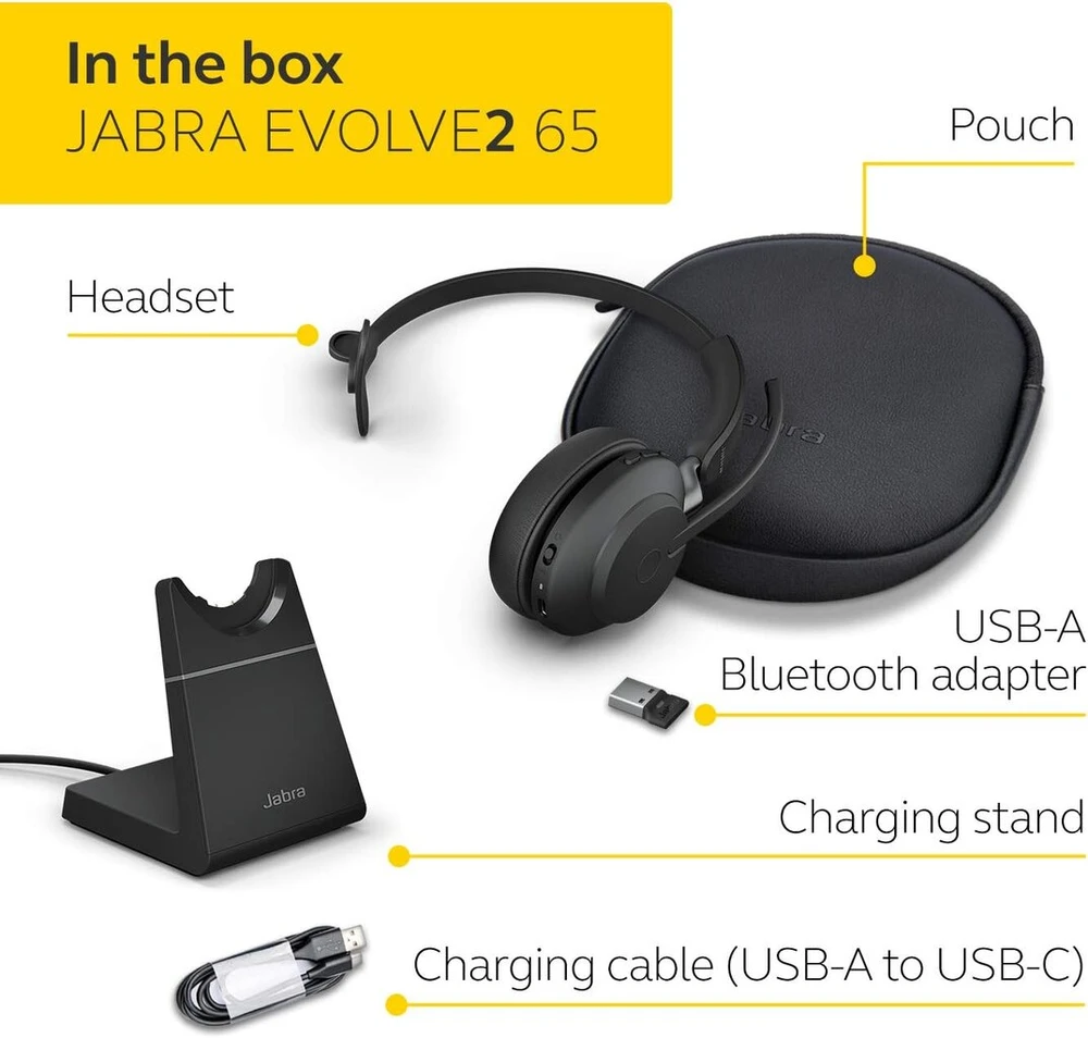 Jabra Evolve2 65 belaidės kompiuterio ausinės su įkrovimo stovu, triukšmo slopinimu, uc sertifikuotos mono ausinės su ilgai veikiančia baterija, usb-a bluetooth adapteris, juodos spalvos