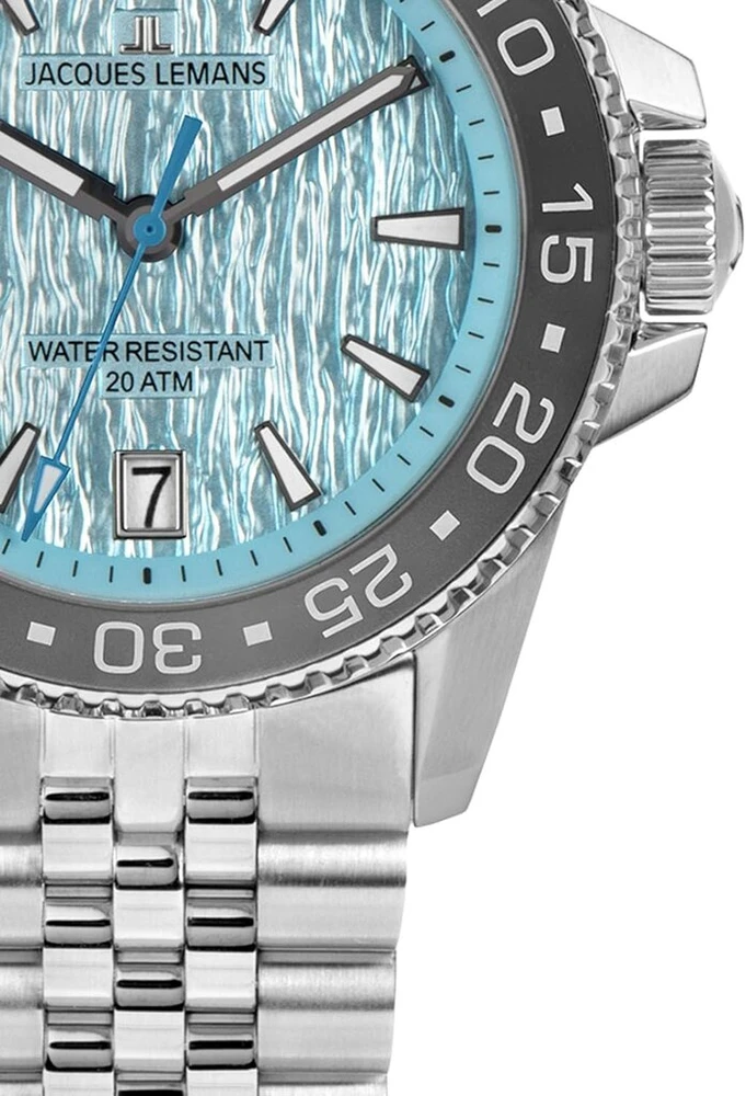 Jacques Lemans Liverpool Diver 1-2205 vyriškas laikrodis su silikonine apyranke ir odiniu paviršiumi arba metaline apyranke, 41 mm, data, 20 Atm