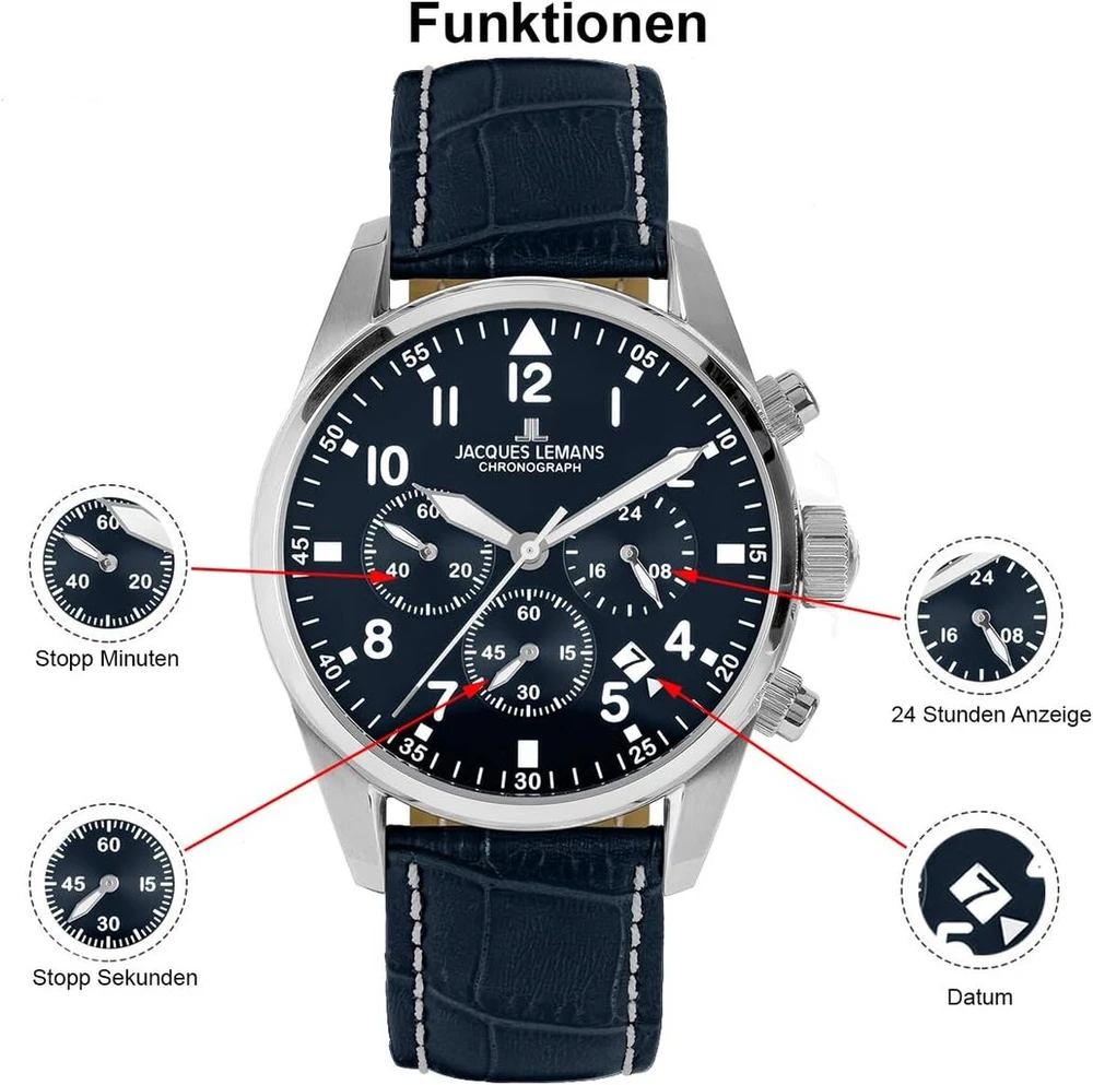 Jacques Lemans vyriškas laikrodis Sport Chronograph 42 mm 10 Atm su odiniu arba metaliniu dirželiu 42-2