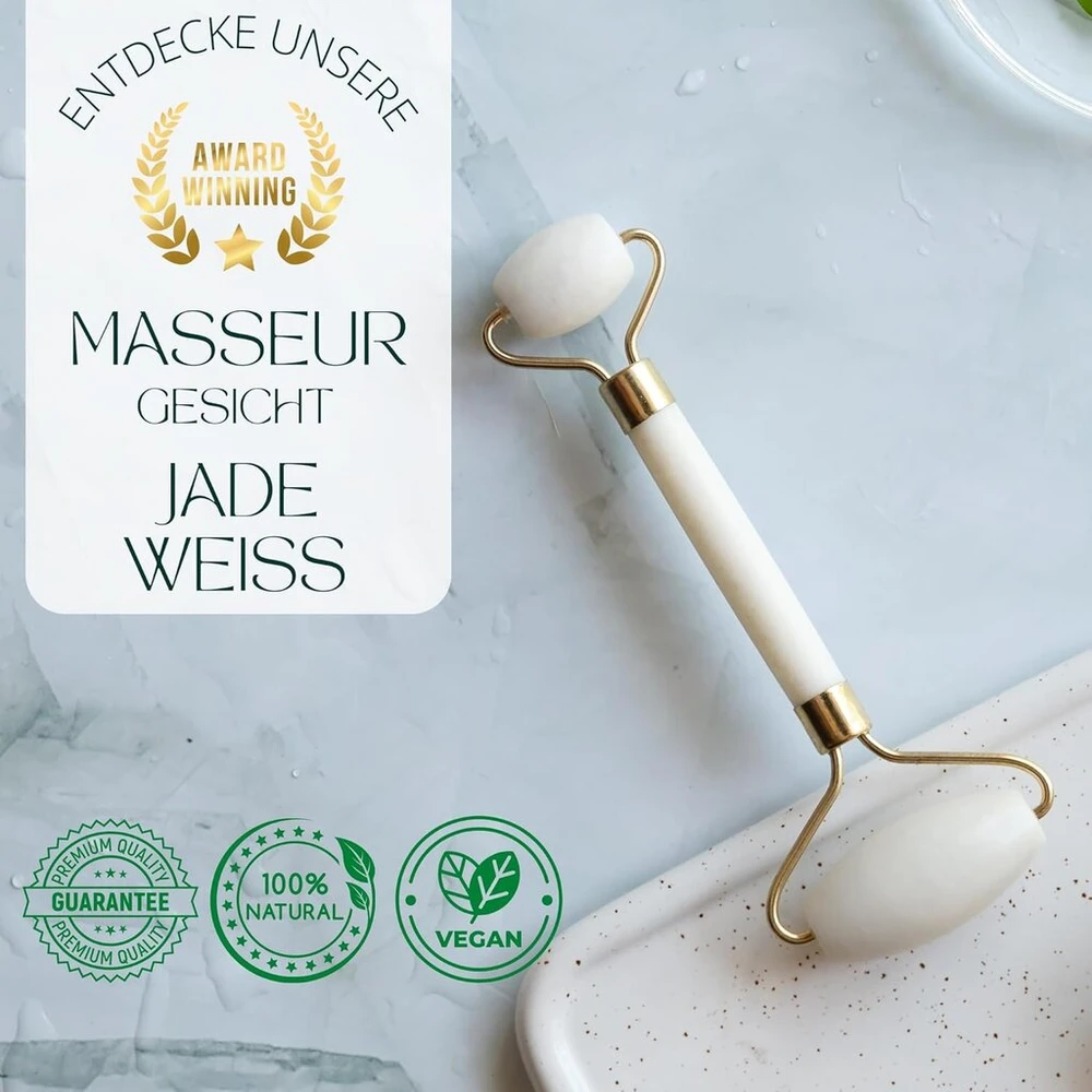 Jade Roller Baltas veido masažuoklis - Jade Roller iš natūralaus akmens + apsauginis dangtelis - Anti-agage - mažina smulkias linijas - stimuliuoja kraujotaką - sveika ir spindinti oda - Sun & Sia