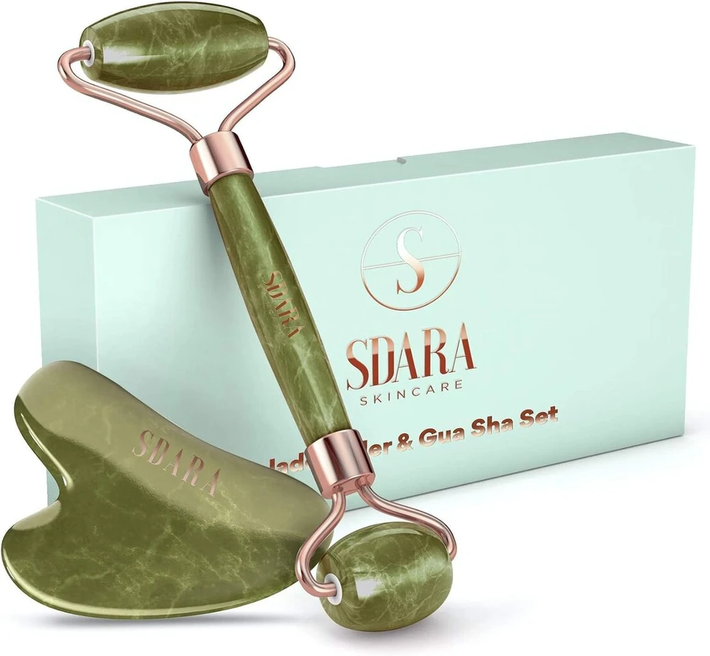 Jade Roller ir Gua Sha rinkinys - veido volelis ir masažo įrankis stangrinimui, raukšlių mažinimui ir akių patinimui mažinti - natūralios veido priežiūros priemonės